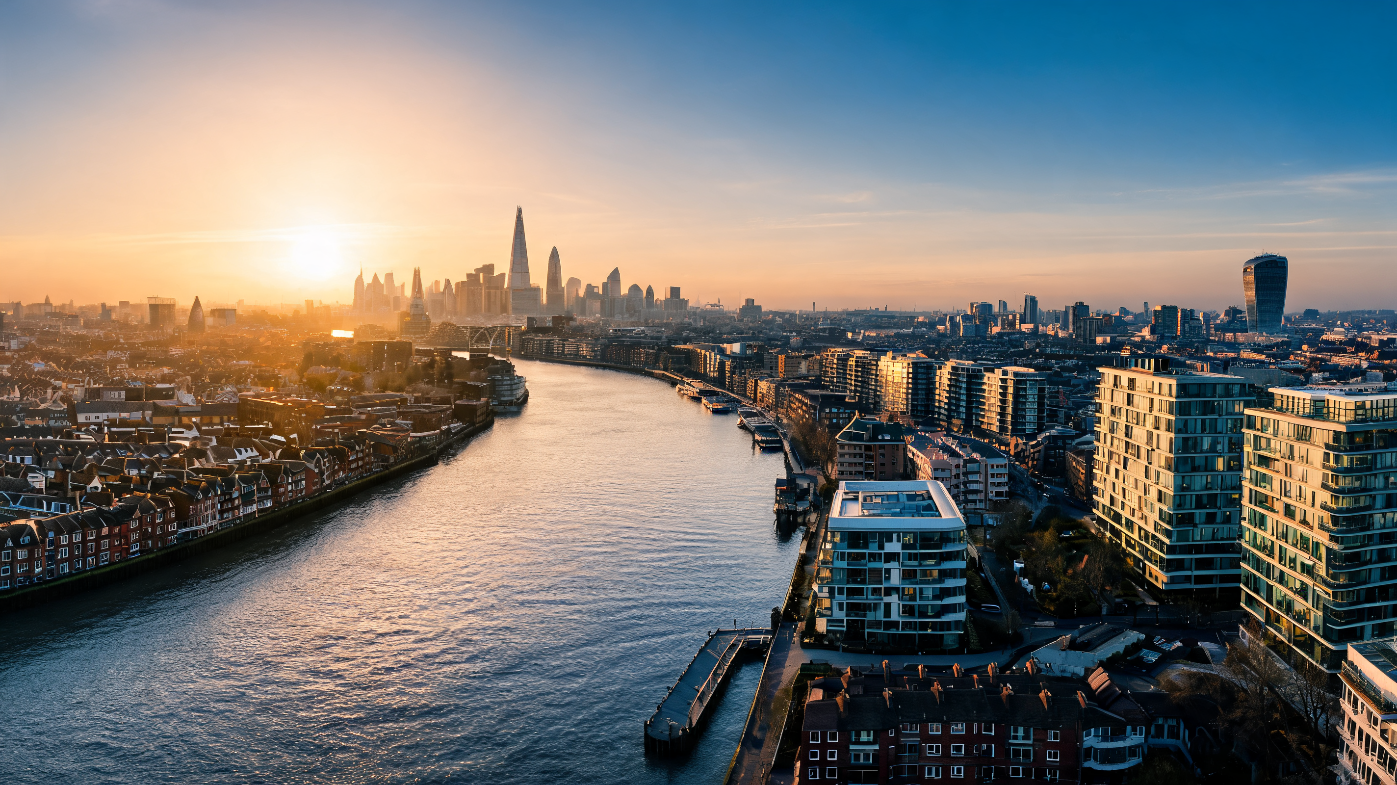 London Thames riverside residential buildings at golden hour