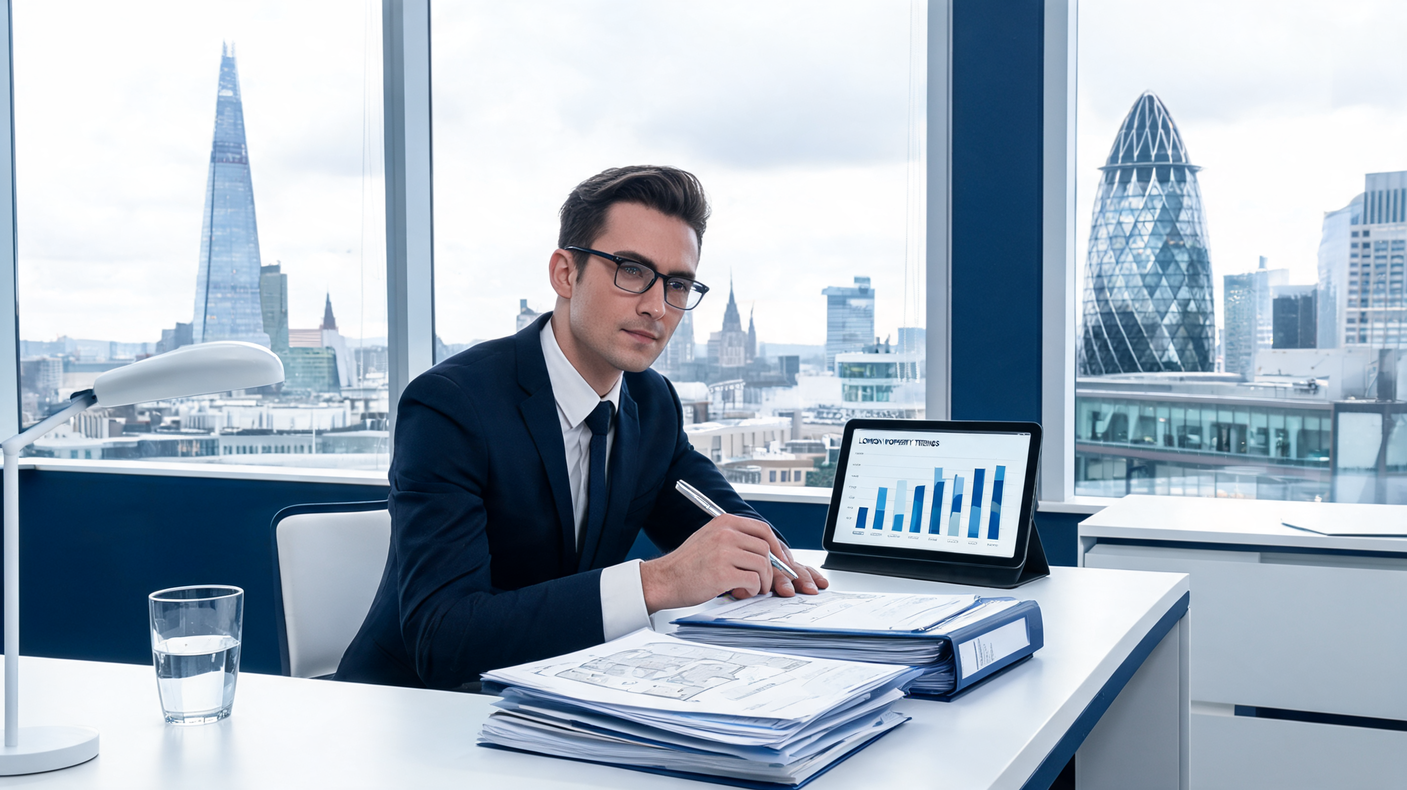 Property expert analyst reviewing market data in London office