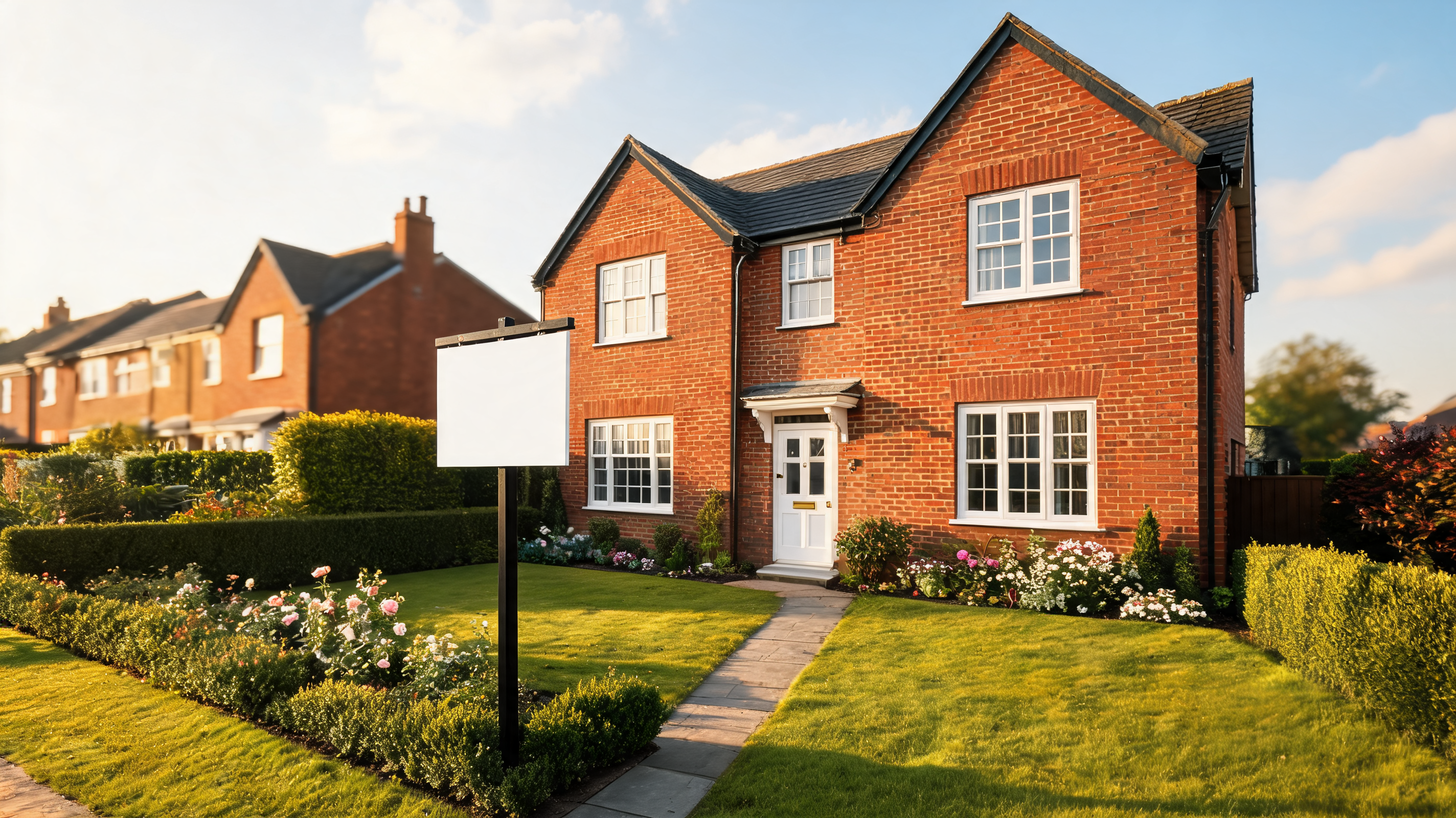 Elegant UK semi-detached house with For Sale board — selling and remortgaging service