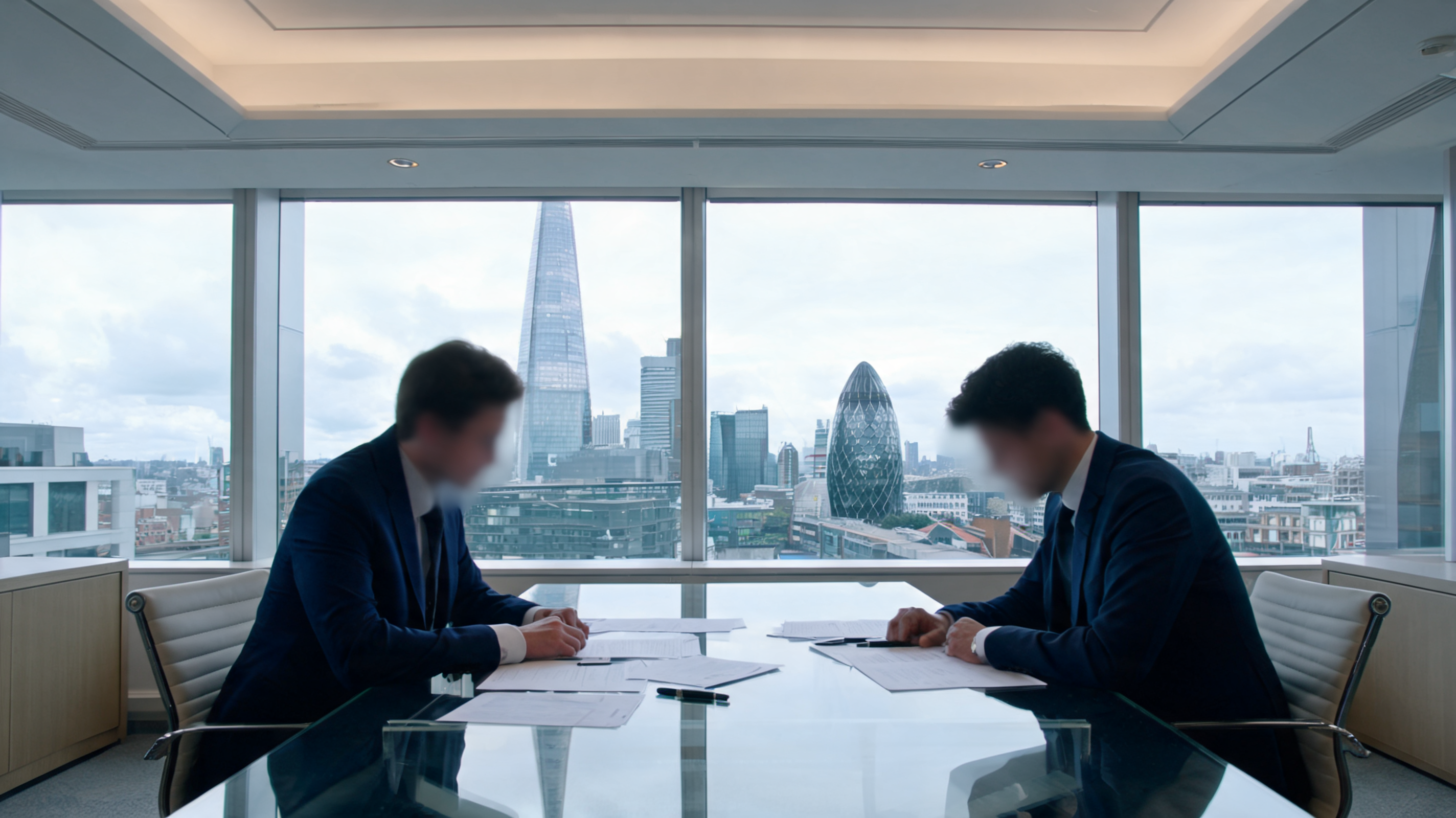 Two business professionals reviewing strategy documents in a London office