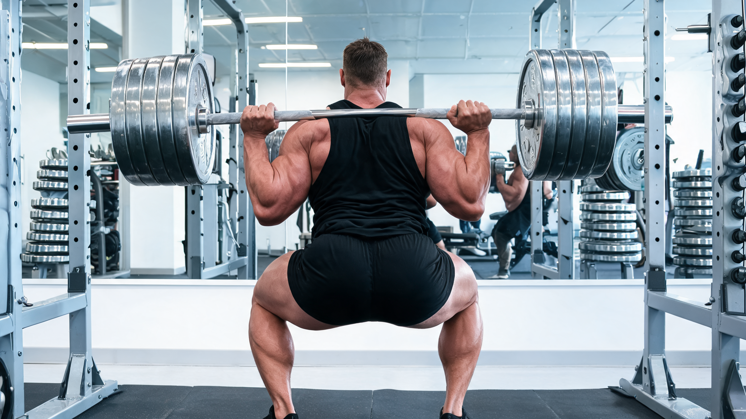 Male athlete performing heavy barbell squats