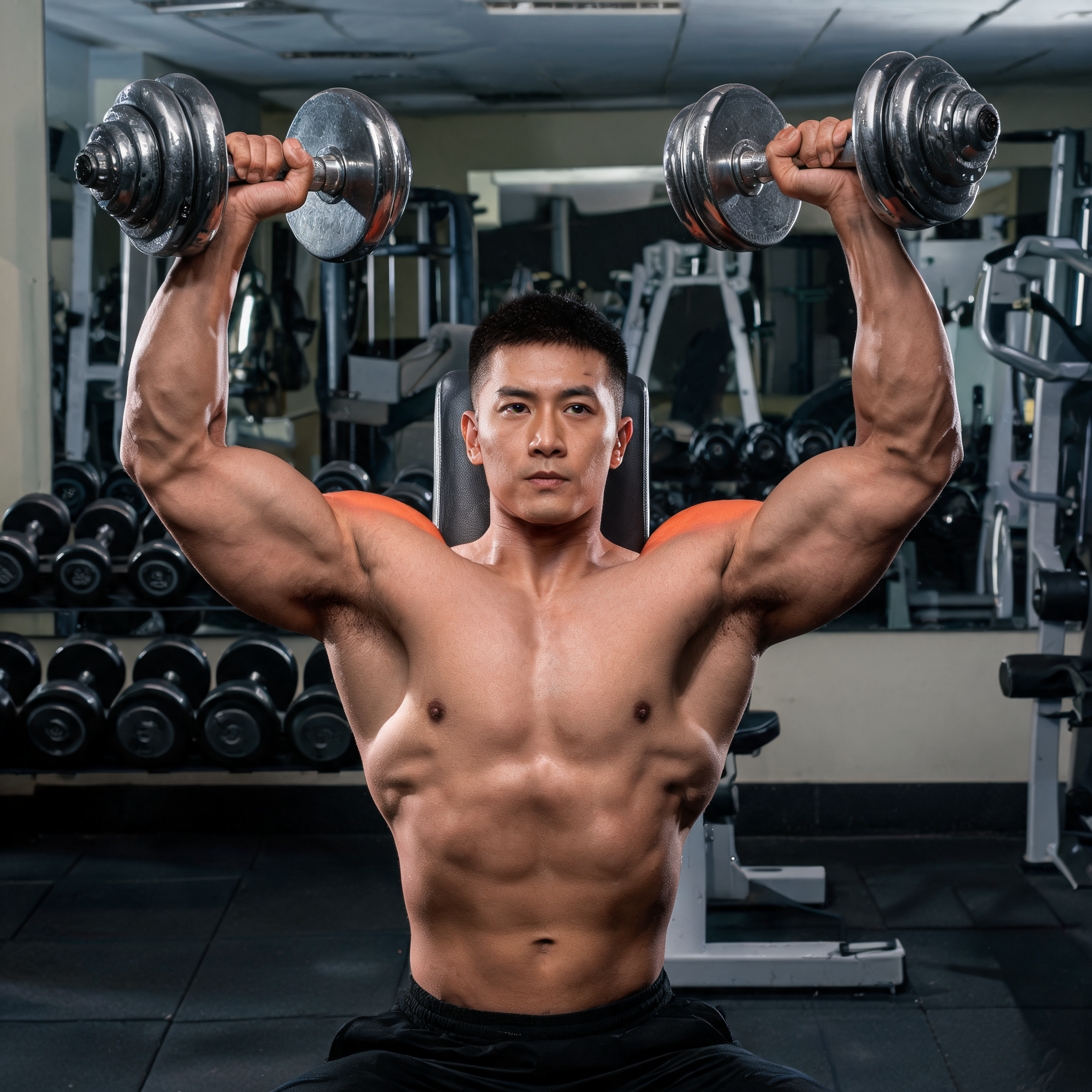 Muscular male doing dumbbell shoulder press