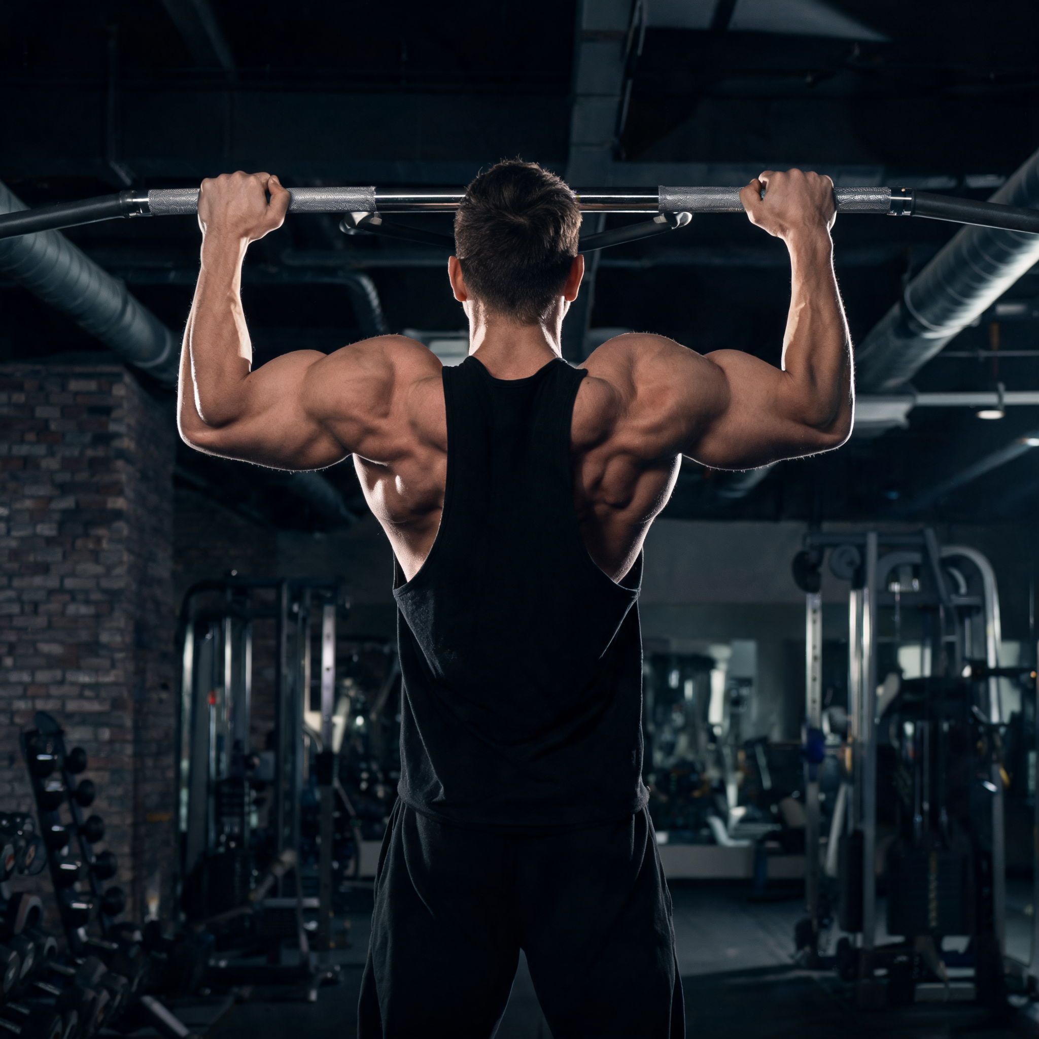 Male athlete doing wide grip pull-ups