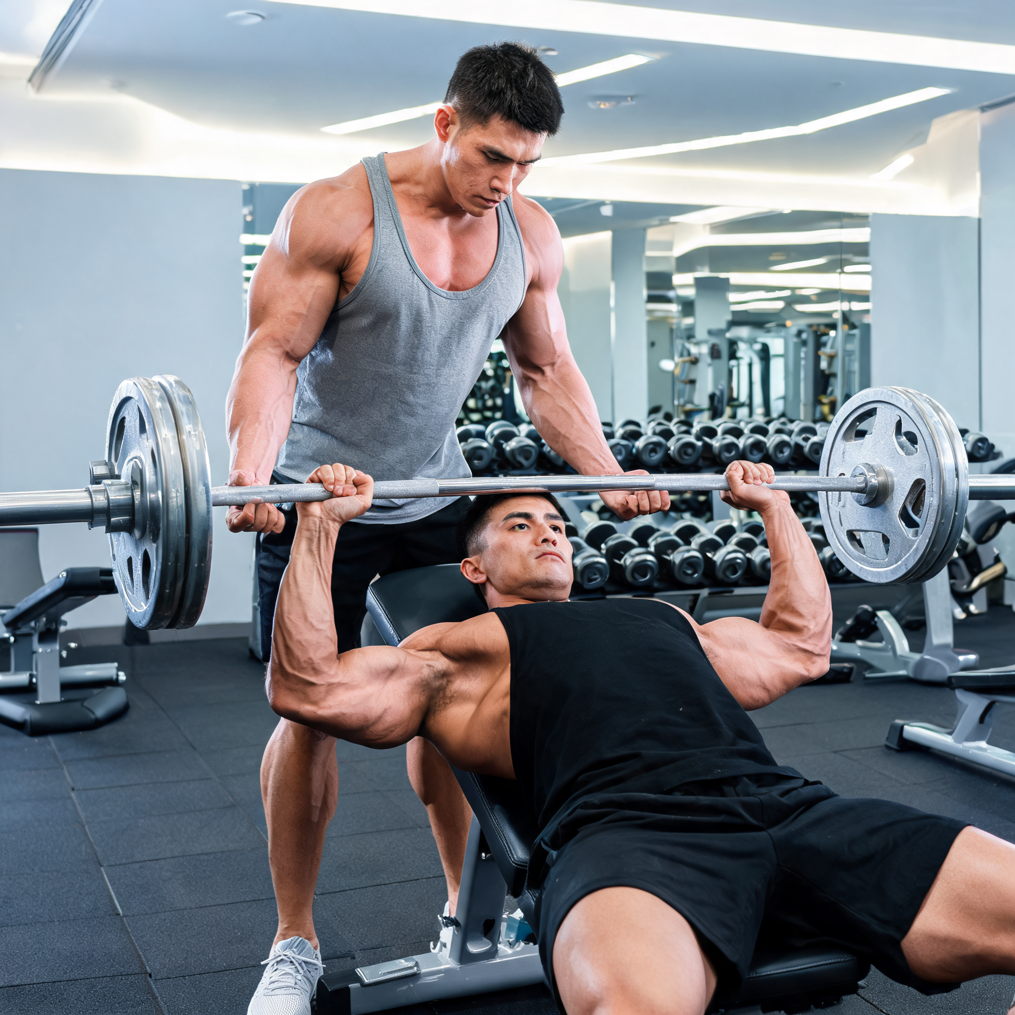 Two male athletes training together in a premium gym