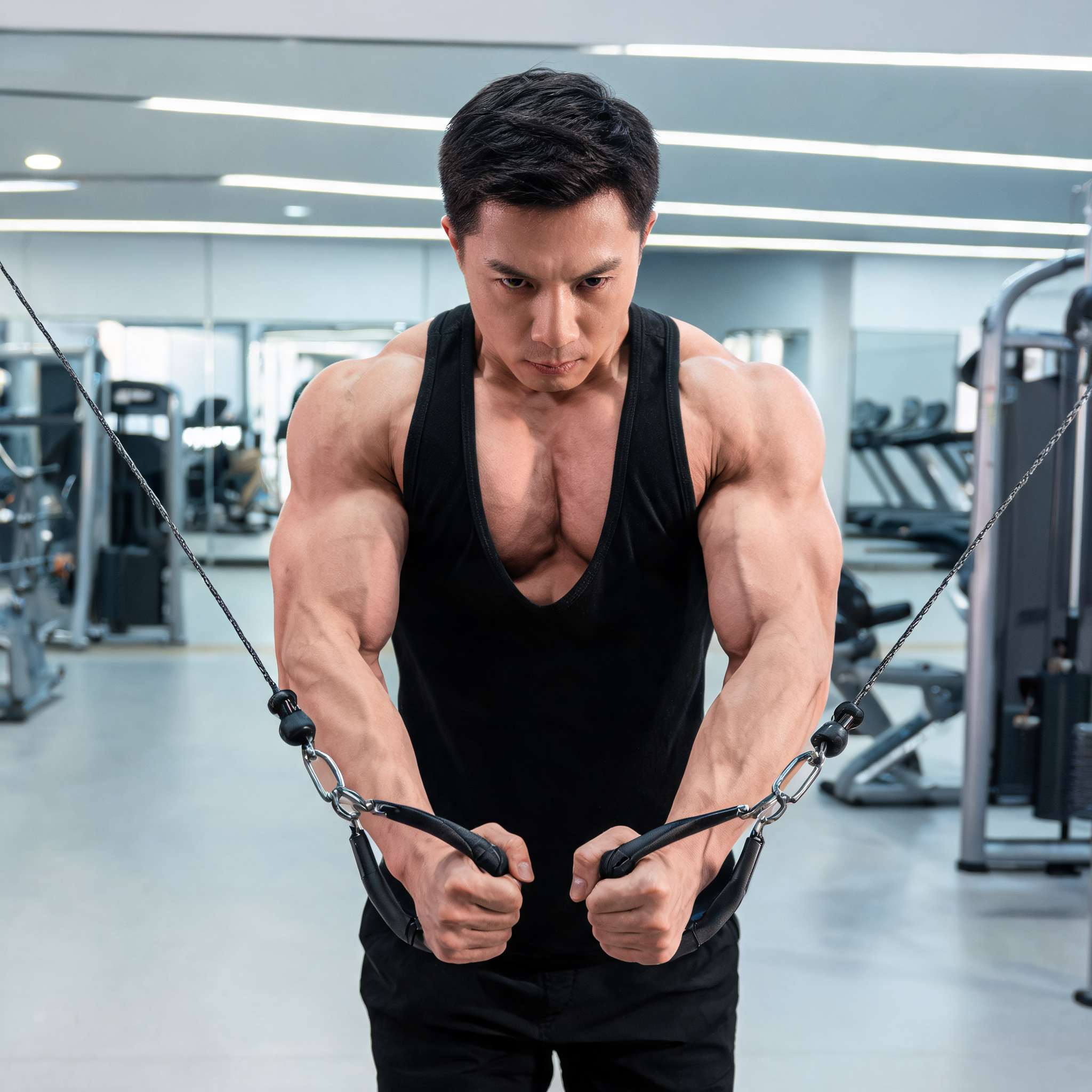 Muscular male performing cable fly for chest