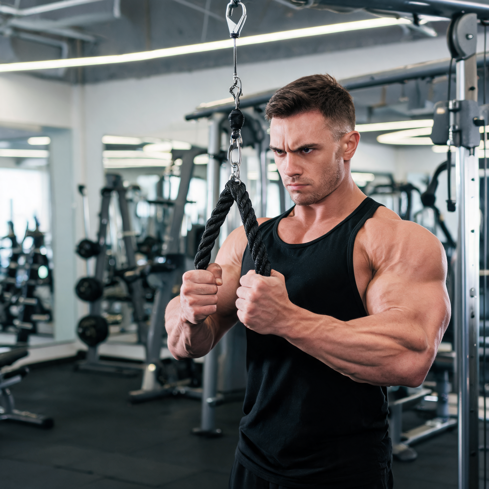Strong male athlete doing tricep rope pushdowns