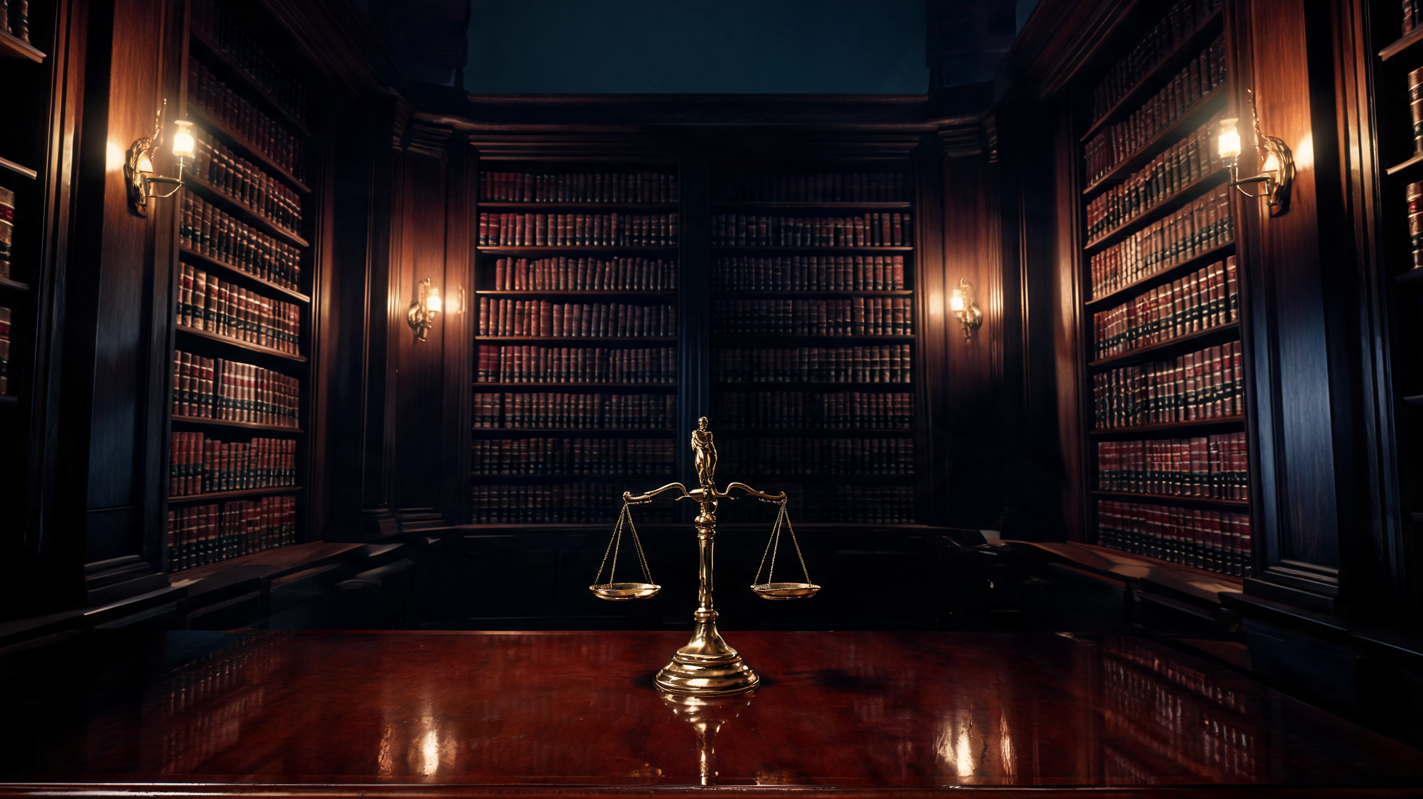 Dark law library with brass scales of justice