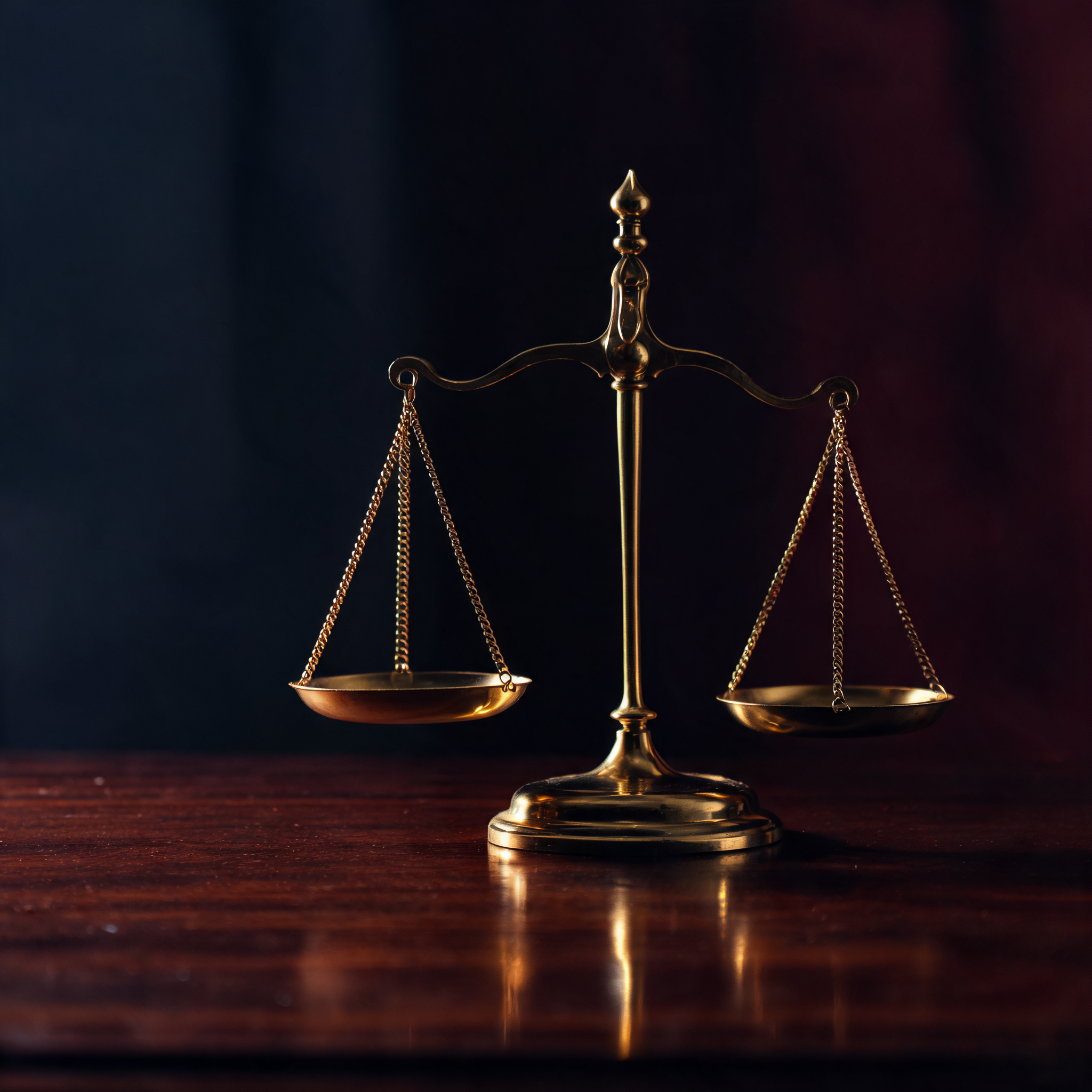 Brass scales of justice on dark wood